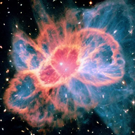 Image similar to Hubble Space telescope image showing details of a the crab nebula. Gaseous filaments resemble orange hair with pink highlights. In the center of the frame, emerging from the hair, is a blue face, seen in profile, of an attractive Greek celestial goddess with an aquiline nose, and a gental smile. Her head is tilted down. She is made of glowing blue nebula gas, and her blue face is emerging from a larger pink and orange nebula which is her hair. High resolution image by Hubble Space Telescope.