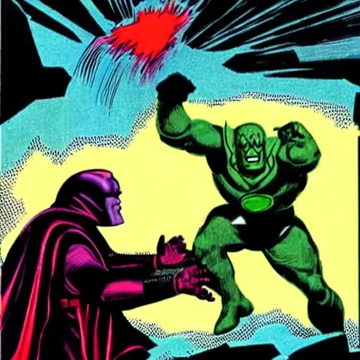 Prompt: doctor doom fighting off darkseid, art by jack kirby, steranko, ditko