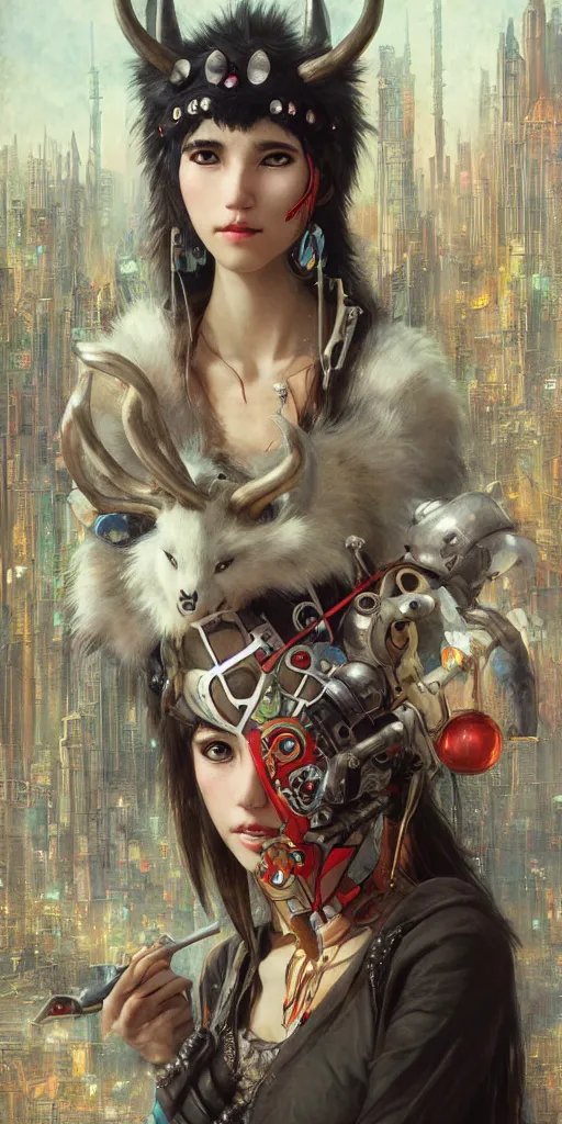 Image similar to hyper realistic Princess Mononoke with her mask, busy cyberpunk metropolis, city landscape, jewels, style of tom bagshaw, mucha, james gurney, norman rockwell, denoised, sharp