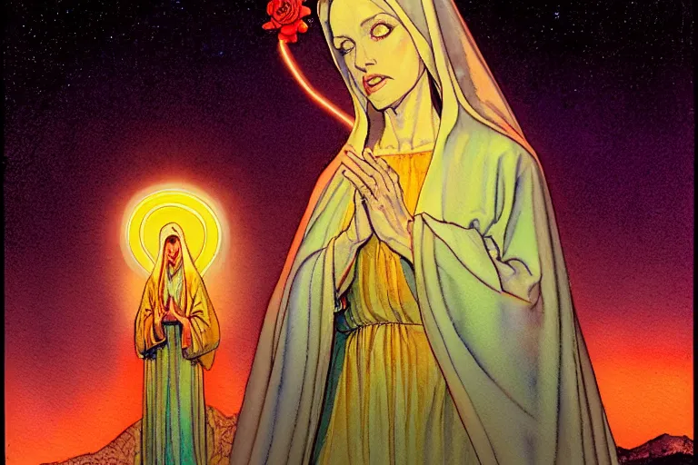 Prompt: a hyperrealist watercolour character concept art portrait of the blessed mother mary on well lit night in las vegas, nevada. there is a ufo. neon roses. by rebecca guay, michael kaluta, charles vess and jean moebius giraud