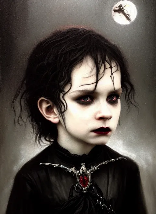 Image similar to highly detailed oil painting | very intricate | cinematic lighting | black, white and blood color scheme, dark background | portrait of a exquisite beautiful vampire little boy with long elegant tangles of black hair, eyes, gothic fog ambience, hyper realistic head, fantasy victorian art, in the style of greg rutkowski, zdizslaw beksinski, intricate, alphonse mucha