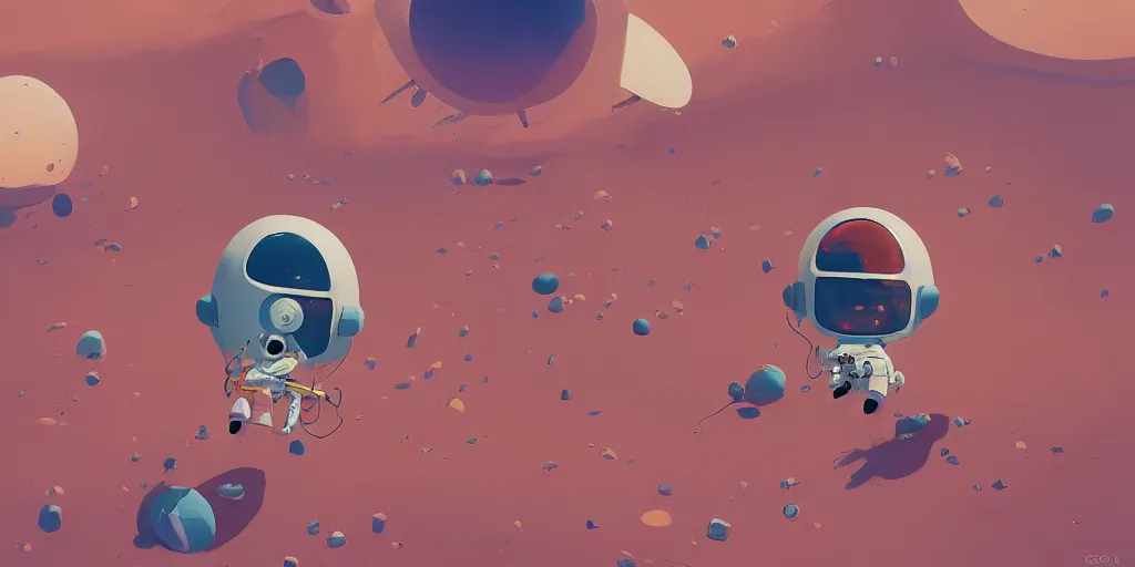 Image similar to cute cartoon cosmonaut landing on the mars by goro fujita and simon stalenhag and wes anderson and alex andreev, 8 k, trending on artstation, hyper detailed, cinematic