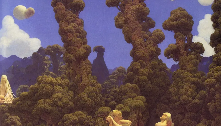 Image similar to Deep in the shady sadness of a vale far sunken from the healthy breath of morn, far from the fiery noon, and eve's one star, sat gray-hair'd Saturn, quiet as a stone, still as the silence round about his lair, matte painting by Maxfield Parrish