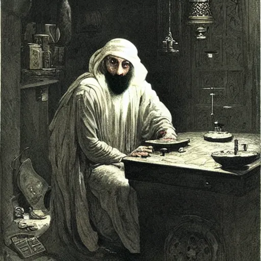 Image similar to Arabian Alchemist in his dark smoky lab. Painting by gustave dore. Colored painting.