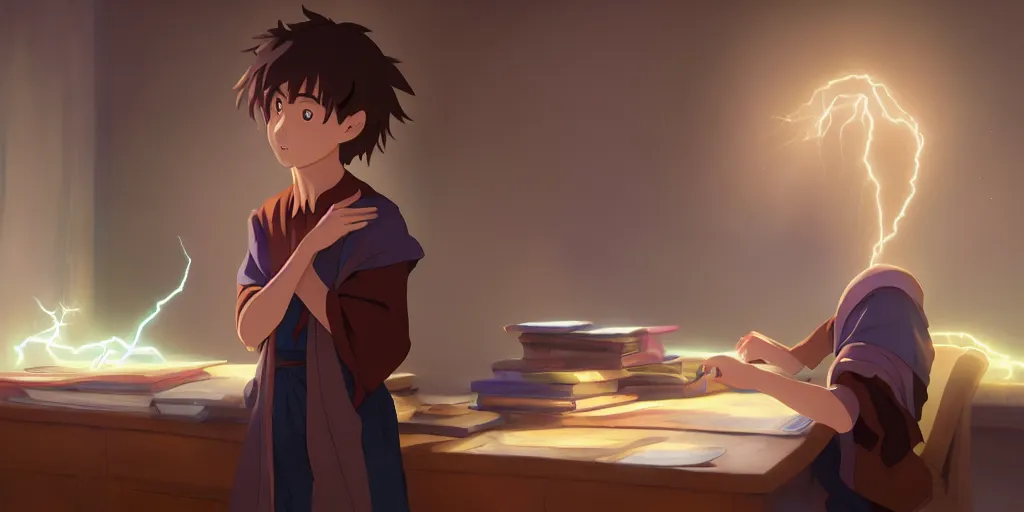 Prompt: a young boy mage with a brown cloak and brown hair is standing at his desk working on a new spell, colorful, flowing energy, light rays, anime boy, boy, consistent face, anime boy face, medium shot, waist up, pixar and disney animation, sharp, by greg rutkowski and makoto shinkai, bloom, dramatic lighting, cinematic