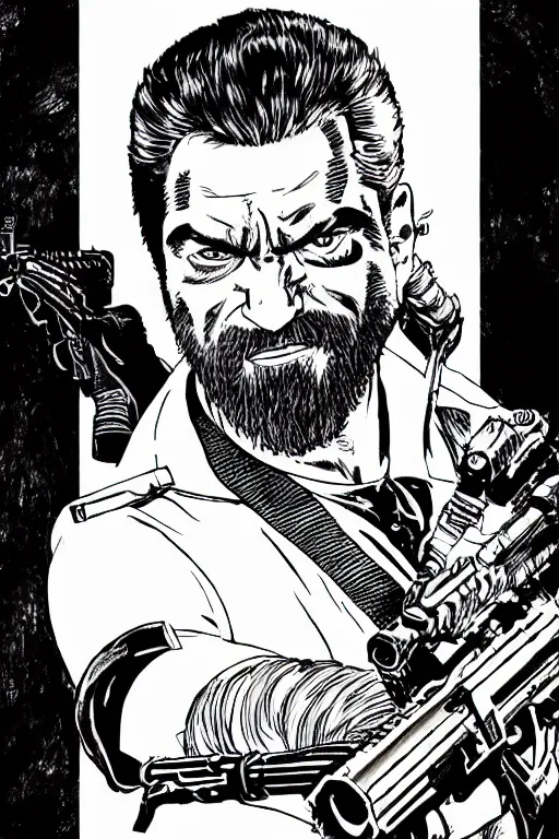 Image similar to billy mays holding a rifle, a page from cyberpunk 2 0 2 0, style of paolo parente, style of mike jackson, adam smasher, johnny silverhand, 1 9 9 0 s comic book style, white background, ink drawing, black and white, colouring pages