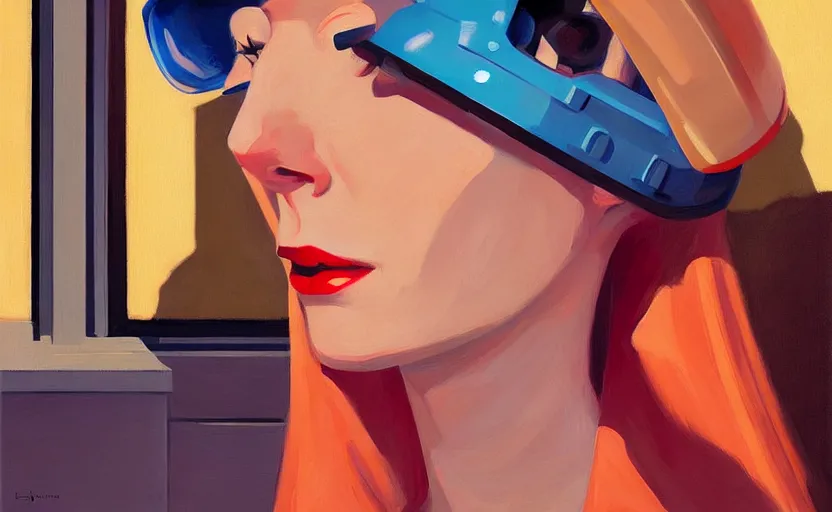 Prompt: Portrait of a woman engineer with helmet, very coherent, painted by Edward Hopper, painted by James Gilleard, airbrush, art by JamesJean