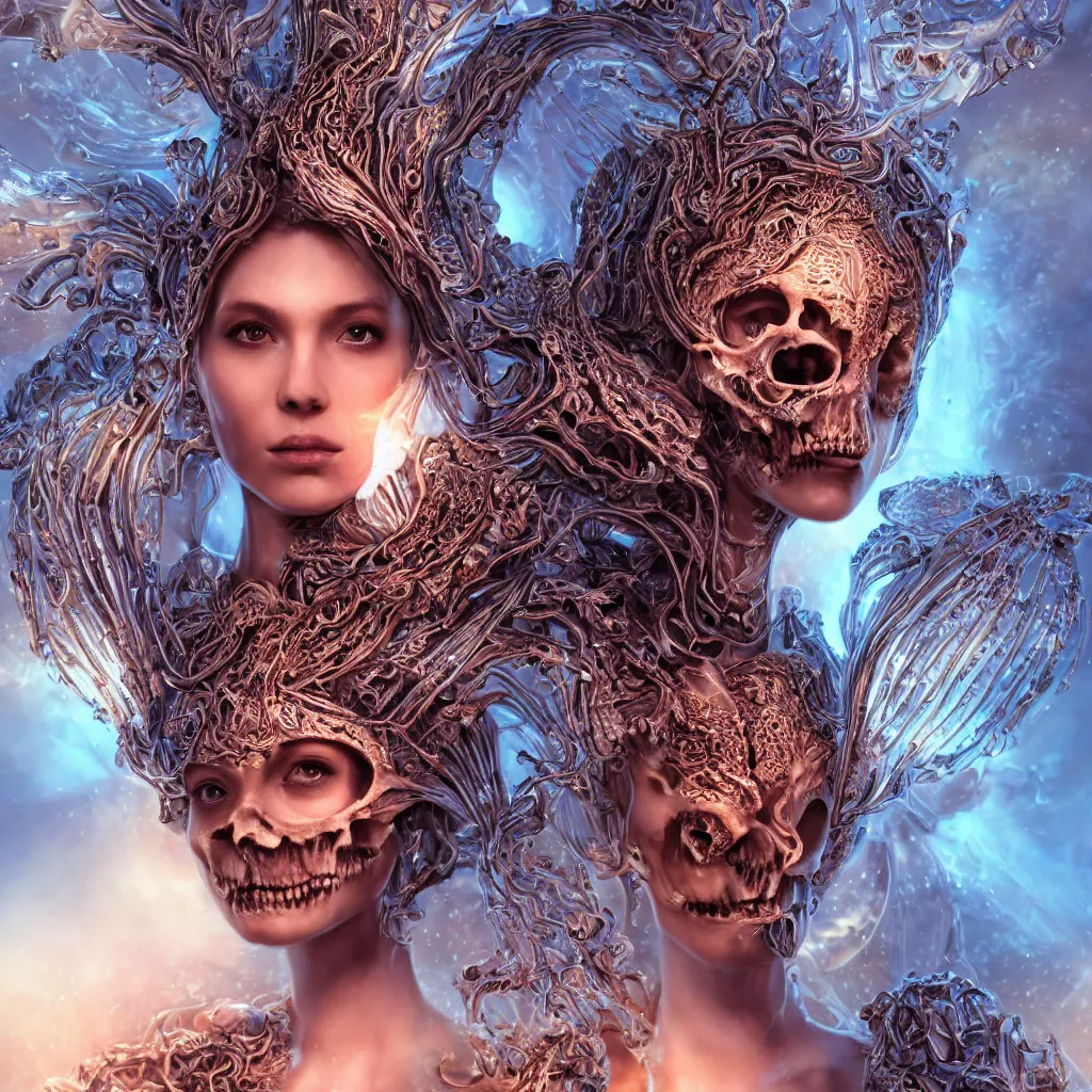 Image similar to close-up macro portrait of the face of a beautiful princess with animal skull mask, epic angle and pose, ribcage bones symmetrical artwork, 3d with depth of field, blurred background, cybernetic jellyfish female face skull phoenix bird, translucent, nautilus, energy flows of water and fire. a highly detailed epic cinematic concept art CG render. made in Maya, Blender and Photoshop, octane render, excellent composition, cinematic dystopian brutalist atmosphere, dynamic dramatic cinematic lighting, aesthetic, very inspirational, arthouse. y Greg Rutkowski, Ilya Kuvshinov, WLOP, Stanley Artgerm Lau, Ruan Jia and Fenghua Zhong