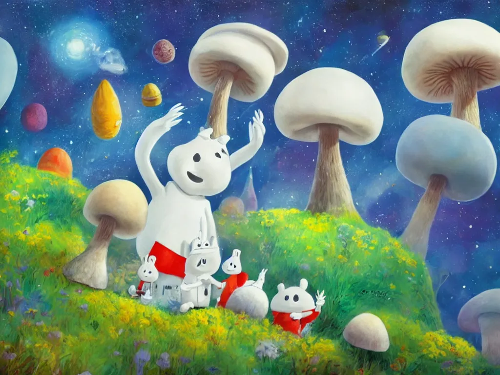 Prompt: moomins in a space suit discovering the mushroom planet, looking cute, photorealistic painting, movie still, warm colors, fluffy, cozy, low light, trending on artstation