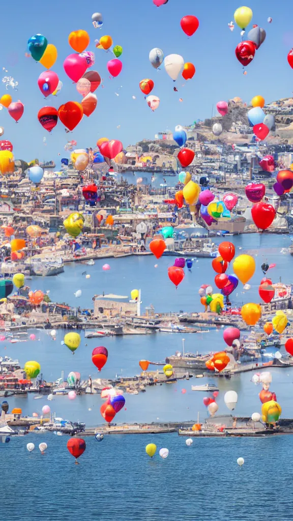 Image similar to photo of a lot of birthday balloons floating above a beautiful maritime port. sharp focus, highly - detailed, award - winning