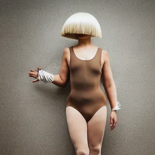 Image similar to sia furler wearing a skin colored leotard full body artistic photoshoot