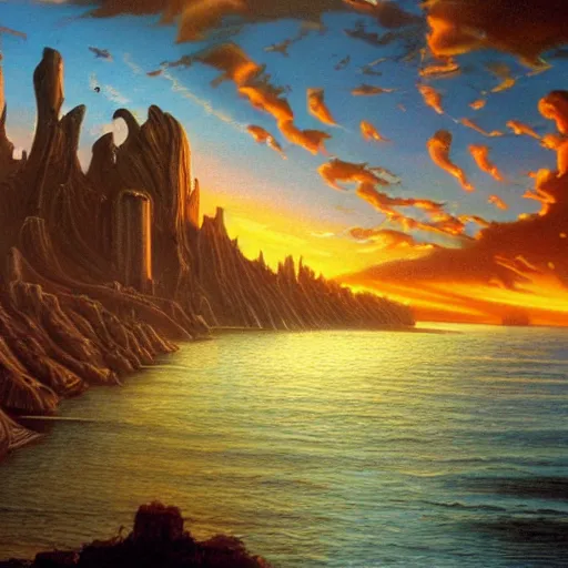 Image similar to bio-futurism,panorama,utopia,beautiful sunset,boris vallejo,photorealistic,detailed