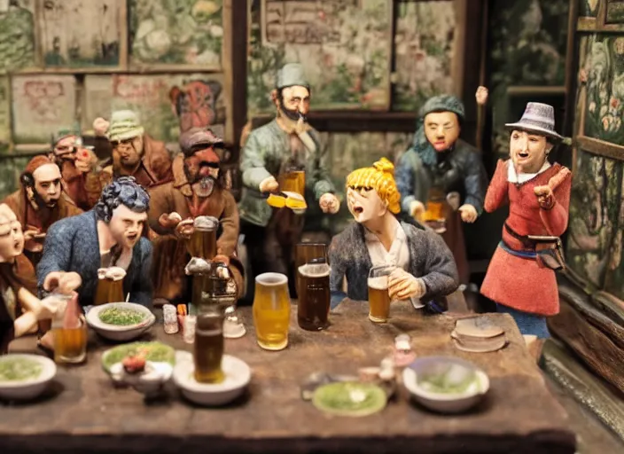 Image similar to group of travelers drinking beer & singing in a tavern as tiny miniatures diorama, directed by Nobuhiko Obayashi