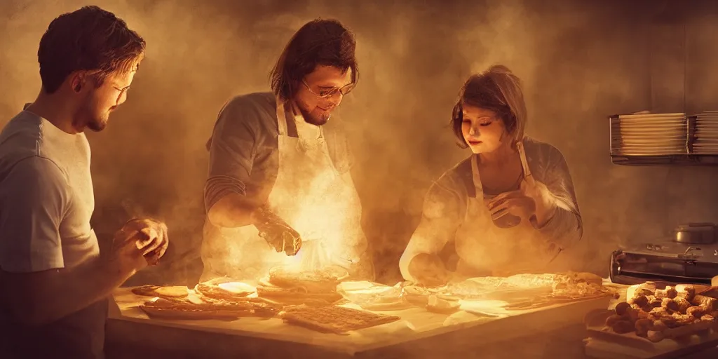 Prompt: A woman and man baking waffles together, digital art, epic lighting