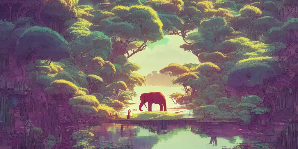 Prompt: elephant in front of a lake with gardens and waterfall vibrant highlights sharp contrast trending pixiv fanbox by victo ngai james gurney makoto shinkai takashi takeuchi studio ghibli