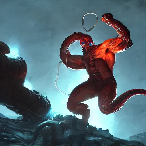 Prompt: a muscular octopus superhero fighting an evil scientist, dramatic lighting, cinematic, establishing shot, extremely high detail, photo realistic, cinematic lighting, post processed, concept art, artstation, matte painting, style by eddie mendoza, raphael lacoste, alex ross