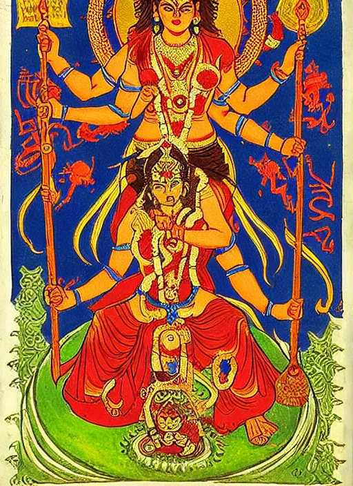 Prompt: kali - durga with a hammer and sickle and in the forehead the star burns : ivan bilibin