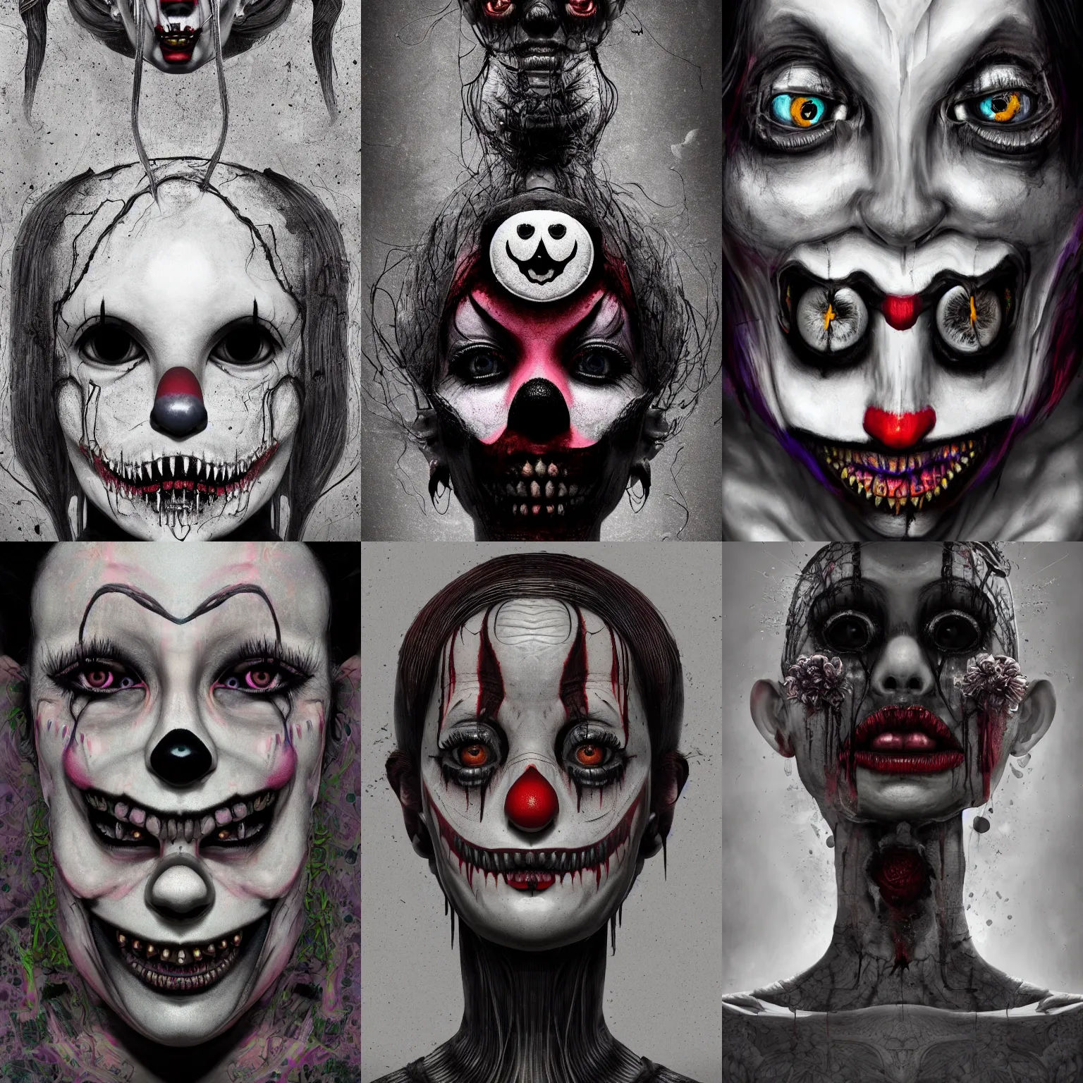 Prompt: portrait of a creepy girl clown skull. intricate abstract. intricate artwork. nightmare fuel. terrifying. by Tooth Wu, wlop, beeple, dan mumford. octane render, trending on artstation, greg rutkowski very coherent symmetrical artwork. cinematic, hyper realism, high detail, octane render, 8k, iridescent accents, black and white