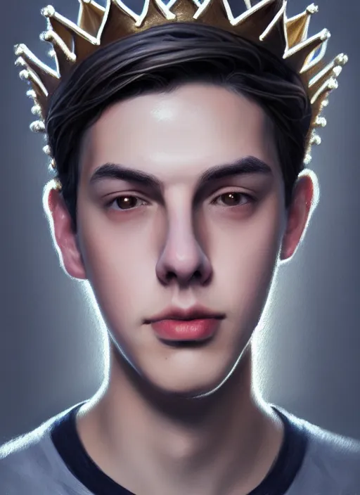 Image similar to portrait of teenage jughead jones wearing a light grey crown, photorealistic, crown, eyes closed, crown, black hair, intricate, elegant, glowing lights, highly detailed, digital painting, artstation, concept art, smooth, sharp focus, illustration, art by wlop, mars ravelo and greg rutkowski