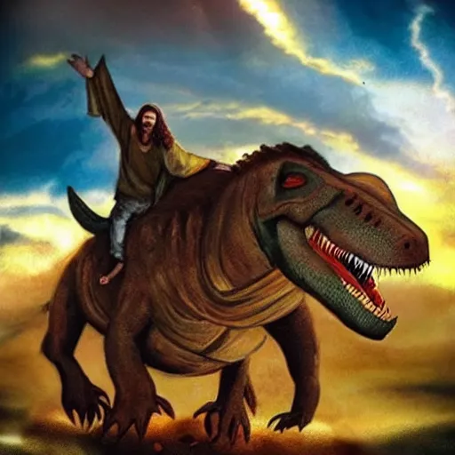 Image similar to jesus christ riding a trex, amazing lighting, heavenly