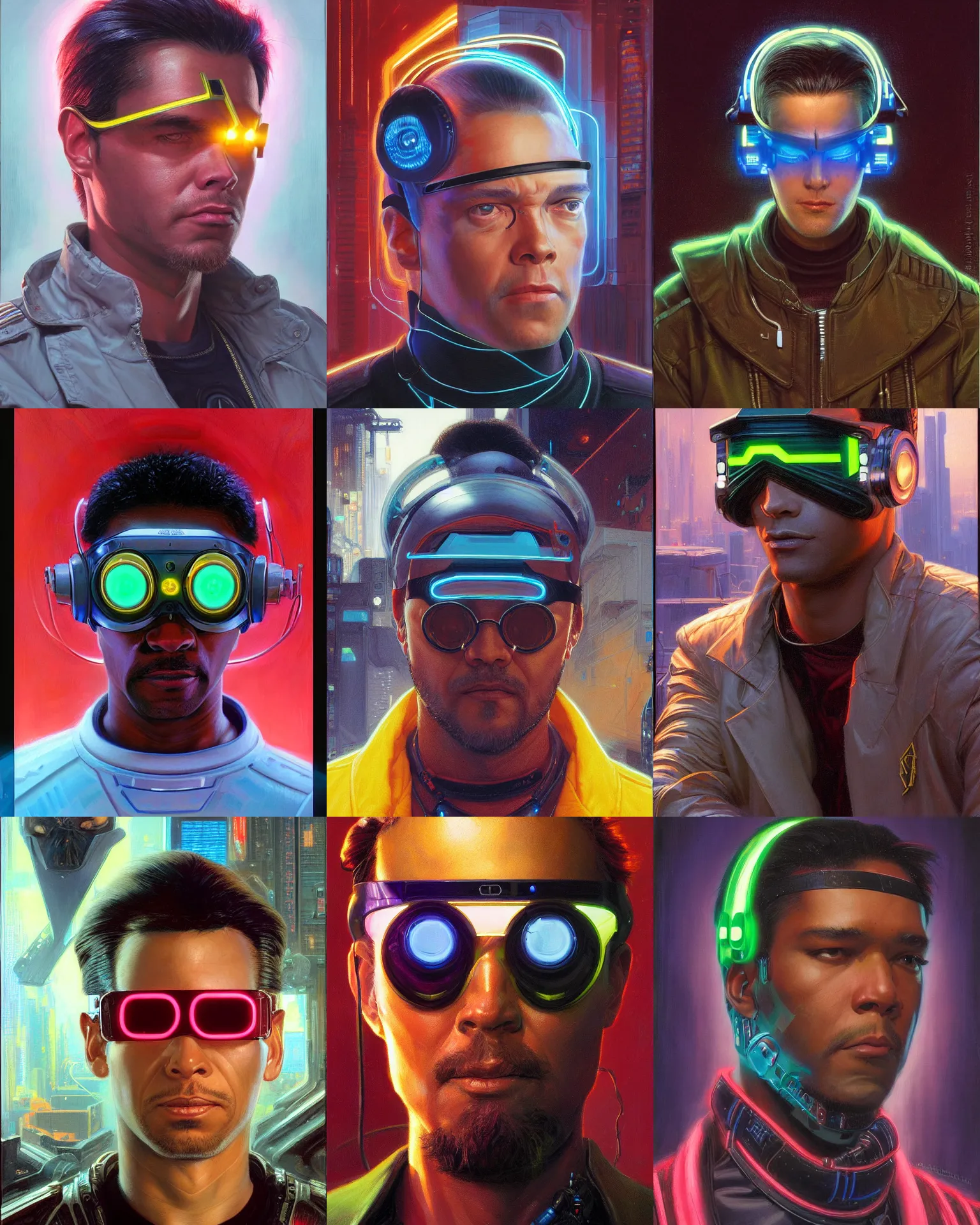 Prompt: digital neon cyberpunk male with geordi eye visor and headset headshot portrait painting by donato giancola, kilian eng, hayao miyazaki, j. c. leyendecker, mead schaeffer