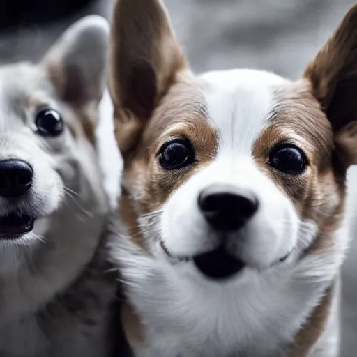 Image similar to a film still of a horror movie featuring two corgi dogs, evil, close - up shots, spooky, photography, award - winning, eerie, 4 k