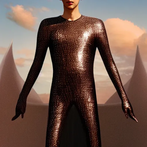 Prompt: a slim athletic beautiful male wearing a iris van herpen outfit in a cinematic still with the sky as background, tarsem singh art movie