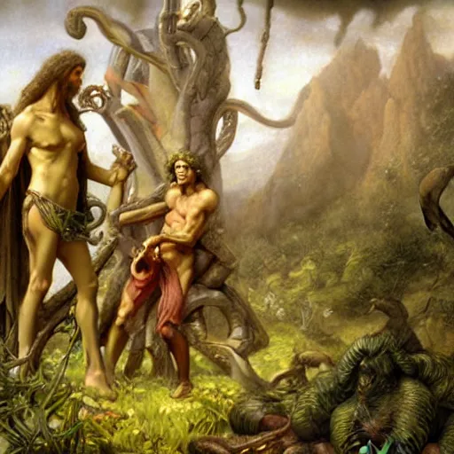 Image similar to Close-up of God being angry in the Garden of Eden. Adam and Eve look very guilty and the snake is leaving the scene quietly - Matte painting , detailed painting, made by Edgar Maxence and Ross Tran and Michael Whelan, Lorenzo Sperlonga Legends of Runeterra