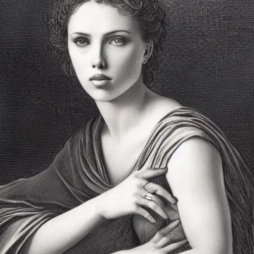 Prompt: engraving portrait of scarlet johansson with sleeve tattoo by gustave dore