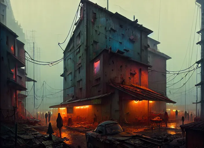 Image similar to waiting in line for cold soup by simon stalenhag and gil elvgren and tom bagshaw and marc simonetti and jan miense molenaer, slums, highly detailed, hyperrealism, dreary, cold, cloudy, grey, smog, high contrast, solarpunk, atompunk, high saturation, intricate complexity