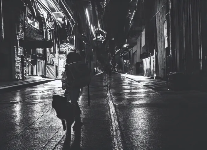 Image similar to photography of a Cat carrying a backpack . in a cyberpunk street. award winning photo, led lighting, night, 24mm, sharp, high res