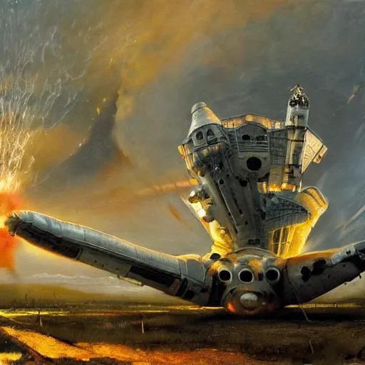 Image similar to a spanish italian spaceship, stuck in the ground, the spaceship is on fire, smoke, rainstorm, lightning, angry, kinetic, john sargent, peter deligdisch, adolphe bouguereaum, norman rockwell, trending on artstation, highly detailed oil painting,