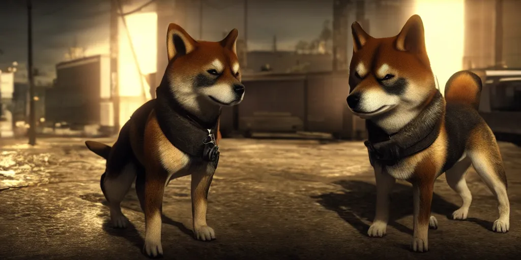 Image similar to A shiba inu dog in Call of Duty Vanguard, cinematic shot, dramatic lighting