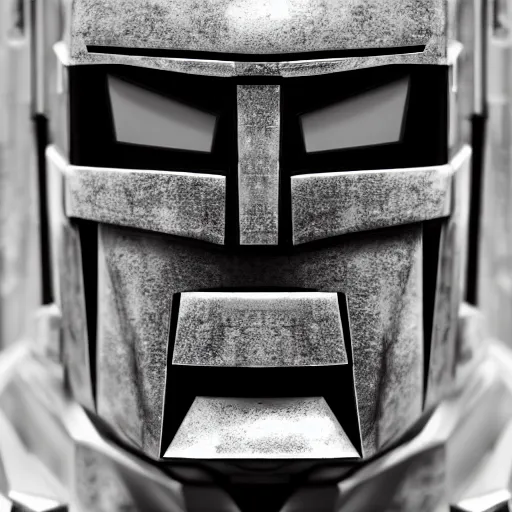 Image similar to symmetrical, close up face portrait of Optimus Prime, scowling, studio lighting, depth of field, photography, black and white, highly detailed