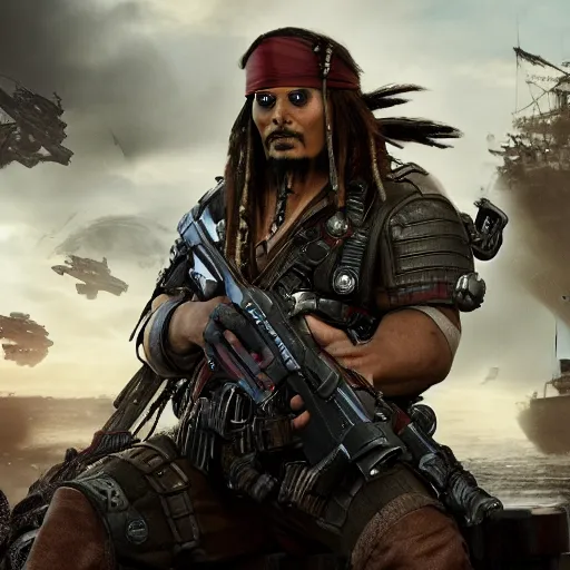 Prompt: captain jack sparrow in'gears of war '!!!, splash art, movie still, cinematic lighting, dramatic, octane render, detailed face, long lens, shallow depth of field, bokeh, anamorphic lens flare, 8 k, hyper detailed, 3 5 mm film grain