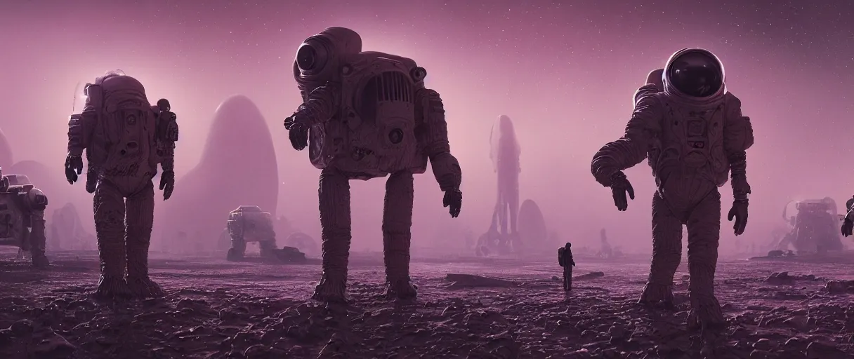 Prompt: astronauts investigate strange lifeforms close to a wild river on an alien planet, desert with old metal and iron junk and old spaceships, rivers, small pink foggy and gloomy, blue lights, bokeh background, highly detailed science fiction illustration by jeremy geddes. photorealistic, octane render, hyper detailed, 8 k, movie still, artstation, unreal engine