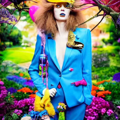 Image similar to a super model wearing a blue suit and a bunny mask, looking feminine and fierce , in the middle of a colorful garden, Alice in wonderland theme, detailed, cinematic lighting, photo in the style of Annie Leibovitz and David lachapelle and Steve meiele