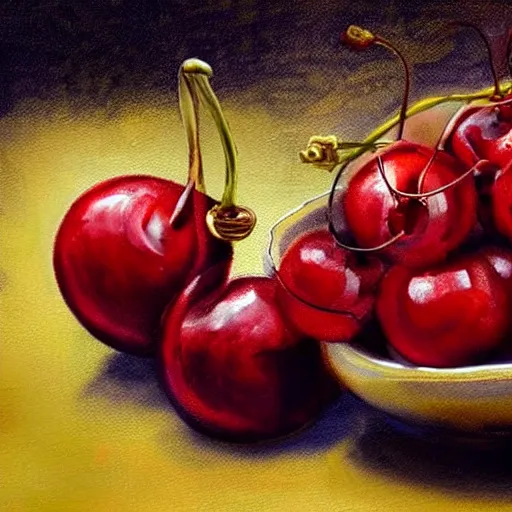 Image similar to artstation digital art a few Maraschino cherries in the bowl on the table,