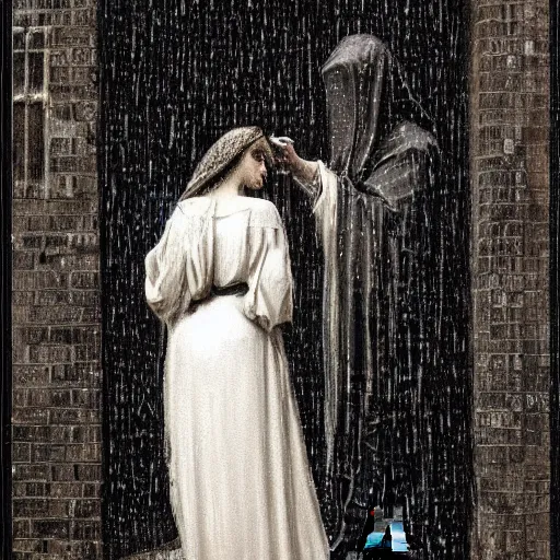 Prompt: a striking esoteric painting of Adam and Eva in the rain, dark, metal, black background, occult, by Edward Leighton