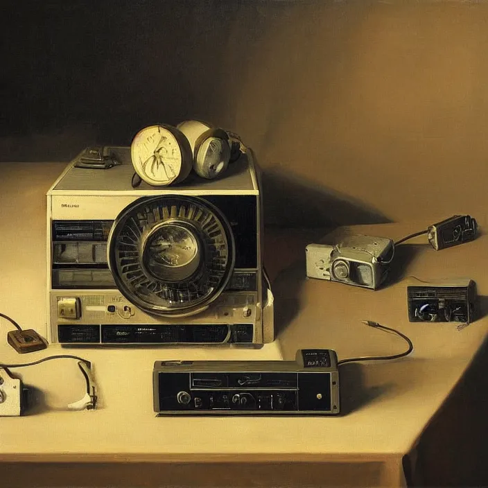 Prompt: still life painting of a retro electronics by pieter claesz, oil on canvas, strong lighting, highly detailed, hyper realism, golden hour, god rays, hd, 4 k