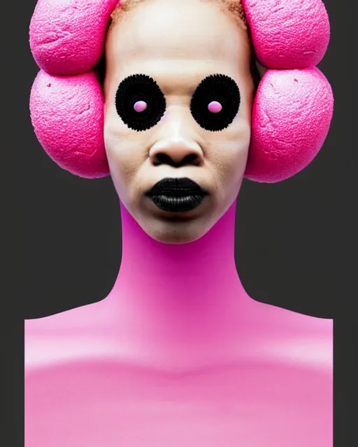 Prompt: symmetrical portrait of a black woman wearing pink silicone embroidered beauty mask and hair buns, wearing a black bodysuit by alexander mcqueen, cream white background, soft light, biotechnology, humanoide robot, bjork aesthetic, translucent, by rineke dijkstra, intricate details, highly detailed, masterpiece,
