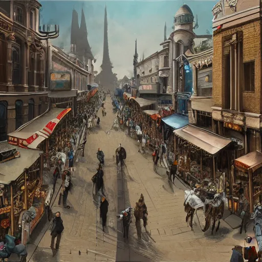 Image similar to street of victorian city, happy, a lot of people, realistic, 8 k, detailed, concept art, trending on artstation