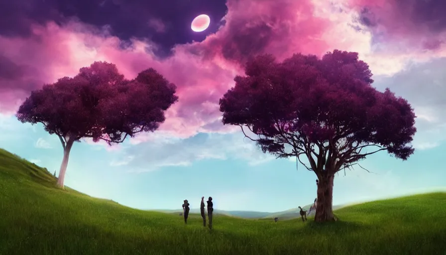 Prompt: people photographing solar eclipse, grassy rolling hills, one tree, dramatic pink clouds, blue sky, jessica rossier, art station