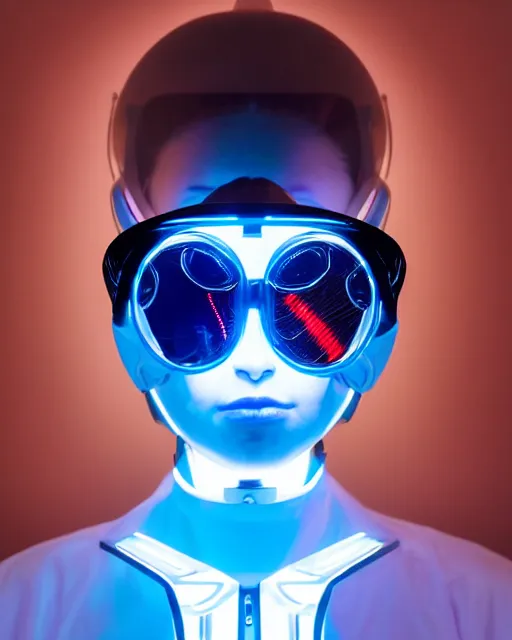 Image similar to centered portrait of soulful young shari headly as a solarpunk mecha humanoid robotic parts wearing goggles with bright led lights, real human face, pudica gesture bouguereau style, in white room, ultra - realistic and intricate, soft portrait shot 8 k