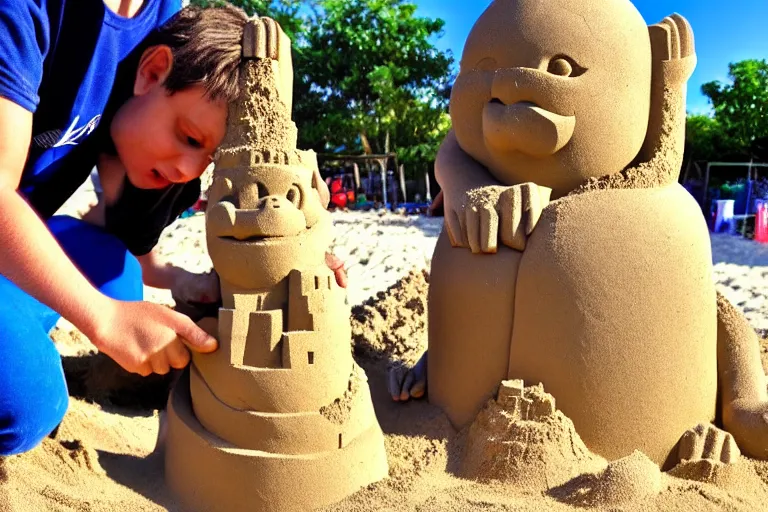 Image similar to a monkey touching a completed sand castle