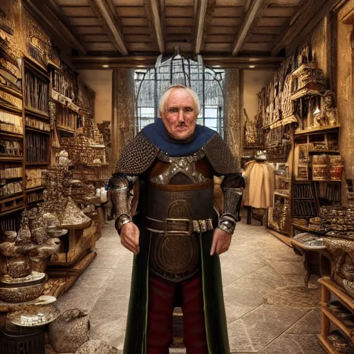 Prompt: full body portrait of Dennis hopper as a devious medieval lord in a big medieval Shop, trending on artstation, style of midjourney, unreal engine, octane render, intricate details, 8k high definition, beauriful, ornate, hypermaximalistic