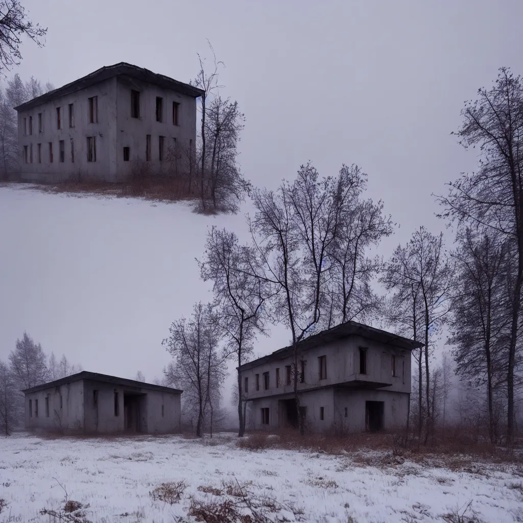 Image similar to landscape with brutalistic soviet architecture style abandoned lifeless house, near foggy forest, dark winter evening, snowing, strong, blizzard, atmospheric, mystical, very detailed 4 k, professional photography