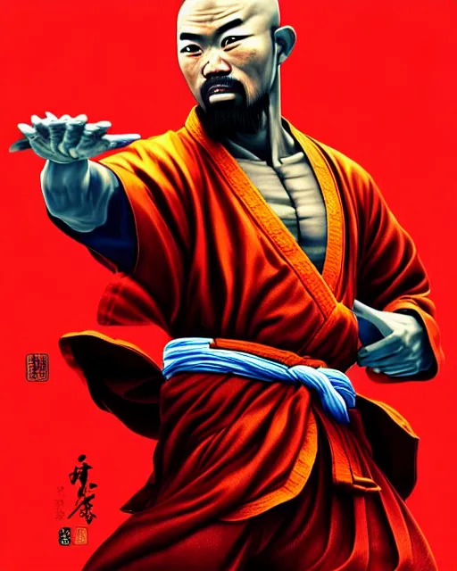 Prompt: richly detailed color illustration of a shaolin-christian-father-kung-fu illustrated by Artgerm and Timothy Kong . 3D shadowing