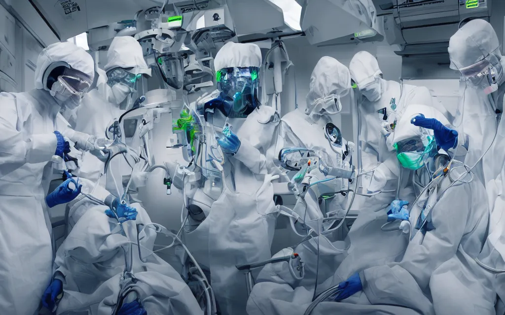 Prompt: medical, diverse medical cybersuits team, heart operation, clean green, visor, macro, biological, wide wide angle, vivid, elaborate, highly detailed, hospital lighting