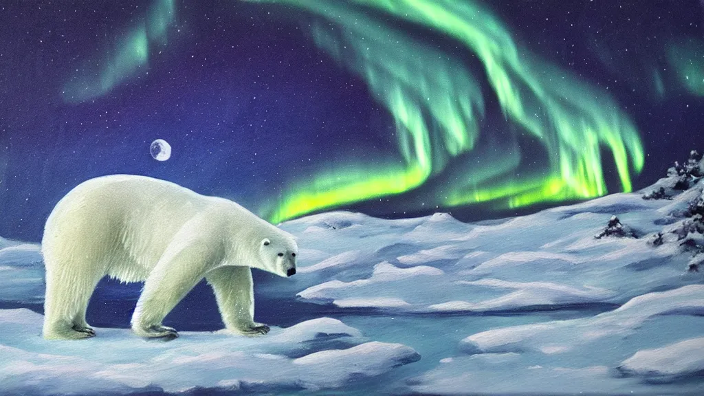 Prompt: an oil painting of a!!!! close - up polar bear traversing a snowy landscape at night, the northern lights and the moon are visible